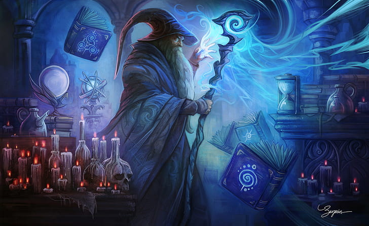 Dark Wizard Art, wizard, candles, artwork, books Free HD Wallpaper