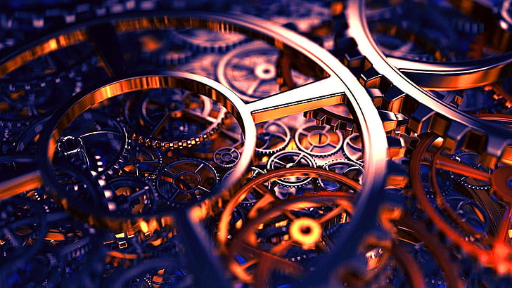 Digital Steampunk Clock, selective focus, wheel, complexity, large group of objects Free HD Wallpaper