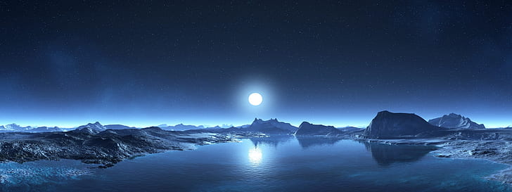 Dual Monitor Landscape, snowcapped mountain, moonlight, environment, sea Free HD Wallpaper