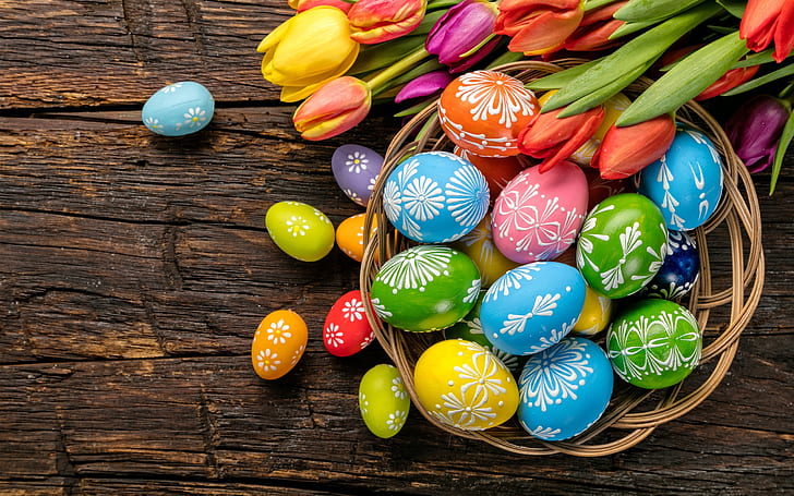 Easter Chick Patterns, yellow, eggs;, flowers, colorful, Free HD Wallpaper