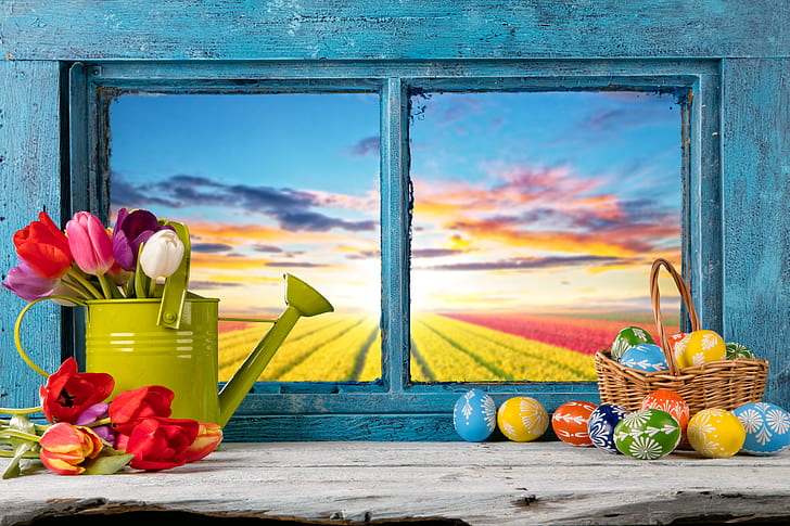 Easter Egg, eggs, happy, tulips, easter Free HD Wallpaper
