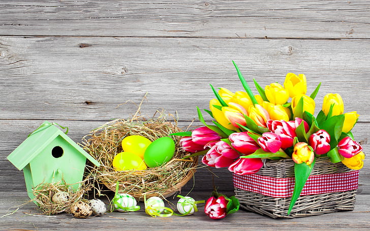 Easter Spring Flowers, tulips, easter, and, yellow Free HD Wallpaper