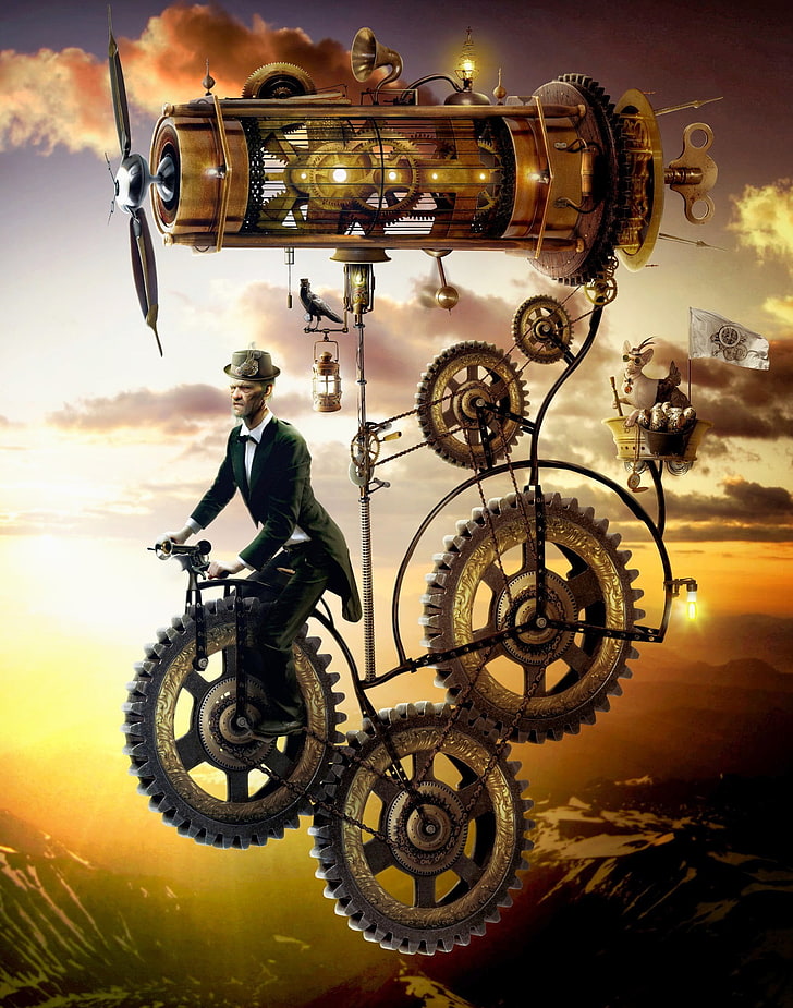 Flying Machine Steampunk Victorian, digital composite, full length, chains, sky Free HD Wallpaper