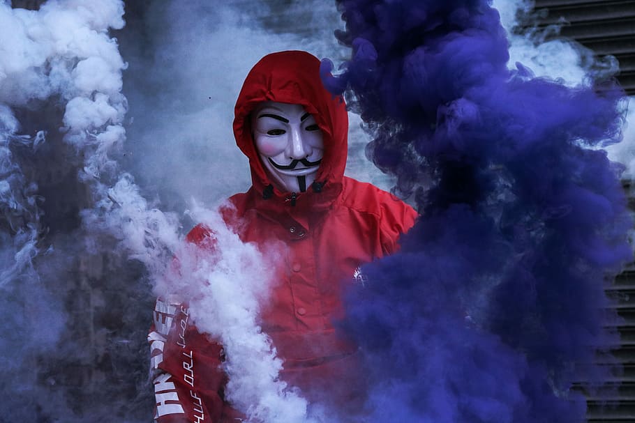 Guy Wearing Anonymous Mask, costume, work helmet, indoors, clothing