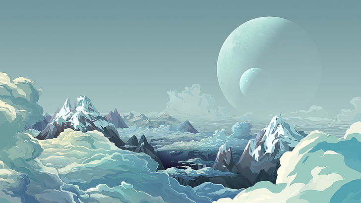 High above Clouds, moon, fantasy landscape, arctic, planet Free HD Wallpaper