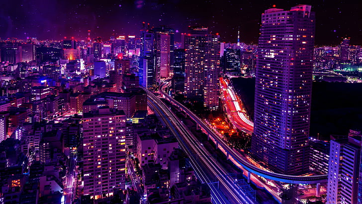 Japanese City at Night, purple, landmark, metropolitan area, tower block Free HD Wallpaper