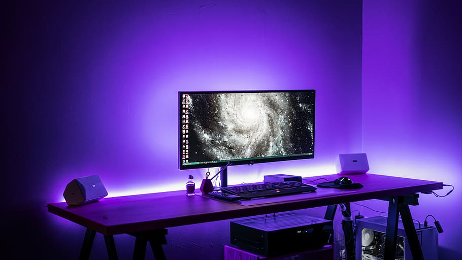 LED Light Strip around Desk, office, futuristic, modern, business Free HD Wallpaper