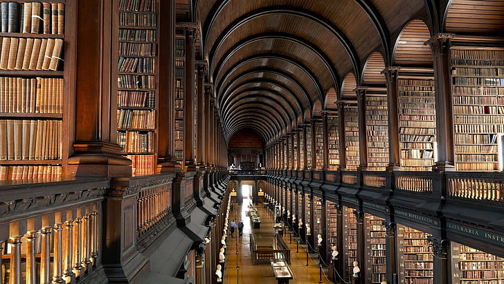 Library at Trinity College, no people, diminishing perspective, studying, indoors Free HD Wallpaper