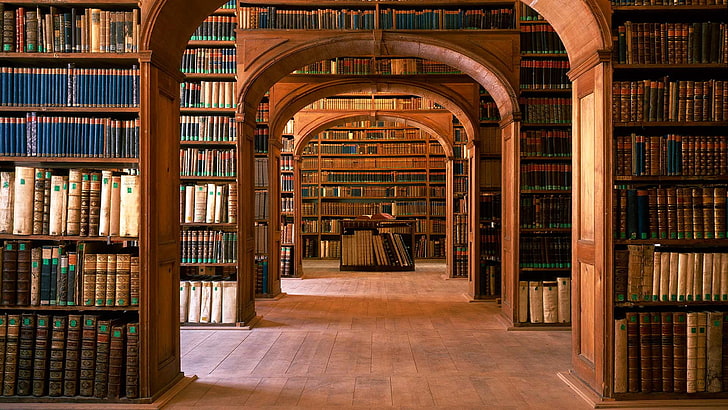 Library HD, people, hardcover book, school, shelf Free HD Wallpaper