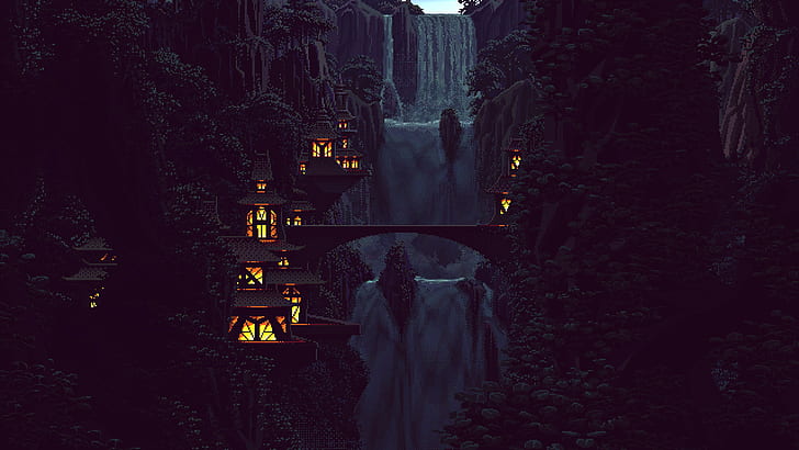 lights, rock, digital art, waterfall