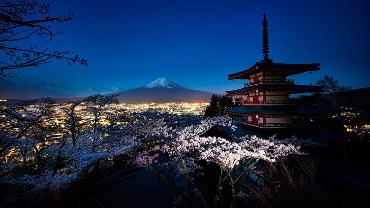 Mount Fuji Peak, building, travel destinations, beauty in nature, tree Free HD Wallpaper