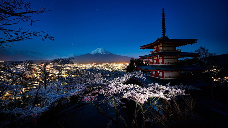 Mount Fuji Peak, building, travel destinations, beauty in nature, tree