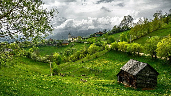 Mountain Village Landscape, countryside, land, trees, outdoor Free HD Wallpaper