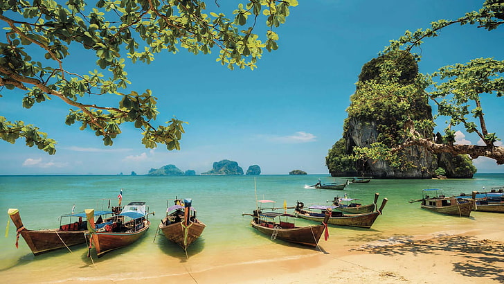 Palm Tree Beach Boat, horizon over water, mode of transportation, transportation, railay Free HD Wallpaper