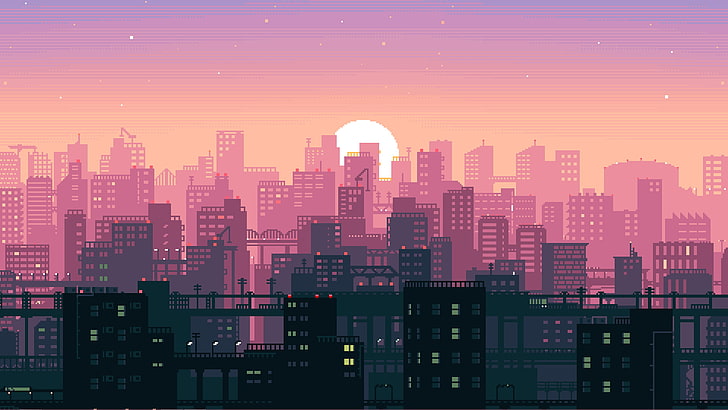 Pixel Art Sunset City, building, illuminated, tall  high, financial district