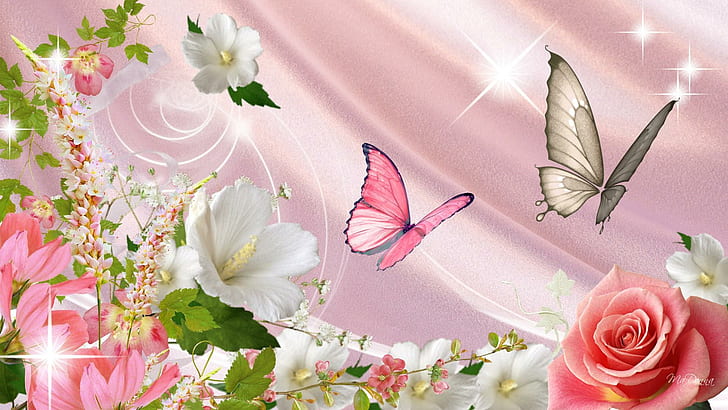 Real Spring Butterflies, 3d and abstract, pink silk, stars, vine Free HD Wallpaper