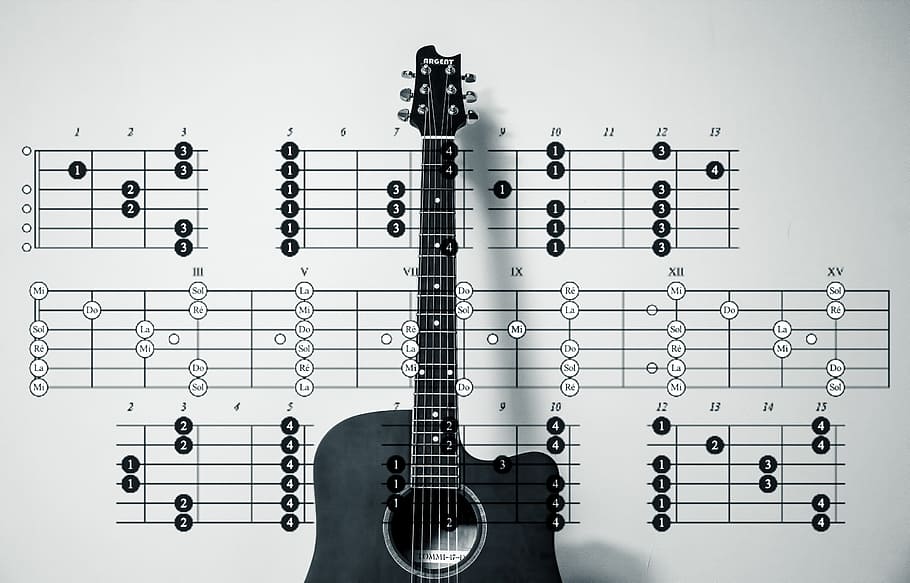 Simple Guitar Chords Chart, black and white, rock music, musical instrument, electric guitar Free HD Wallpaper
