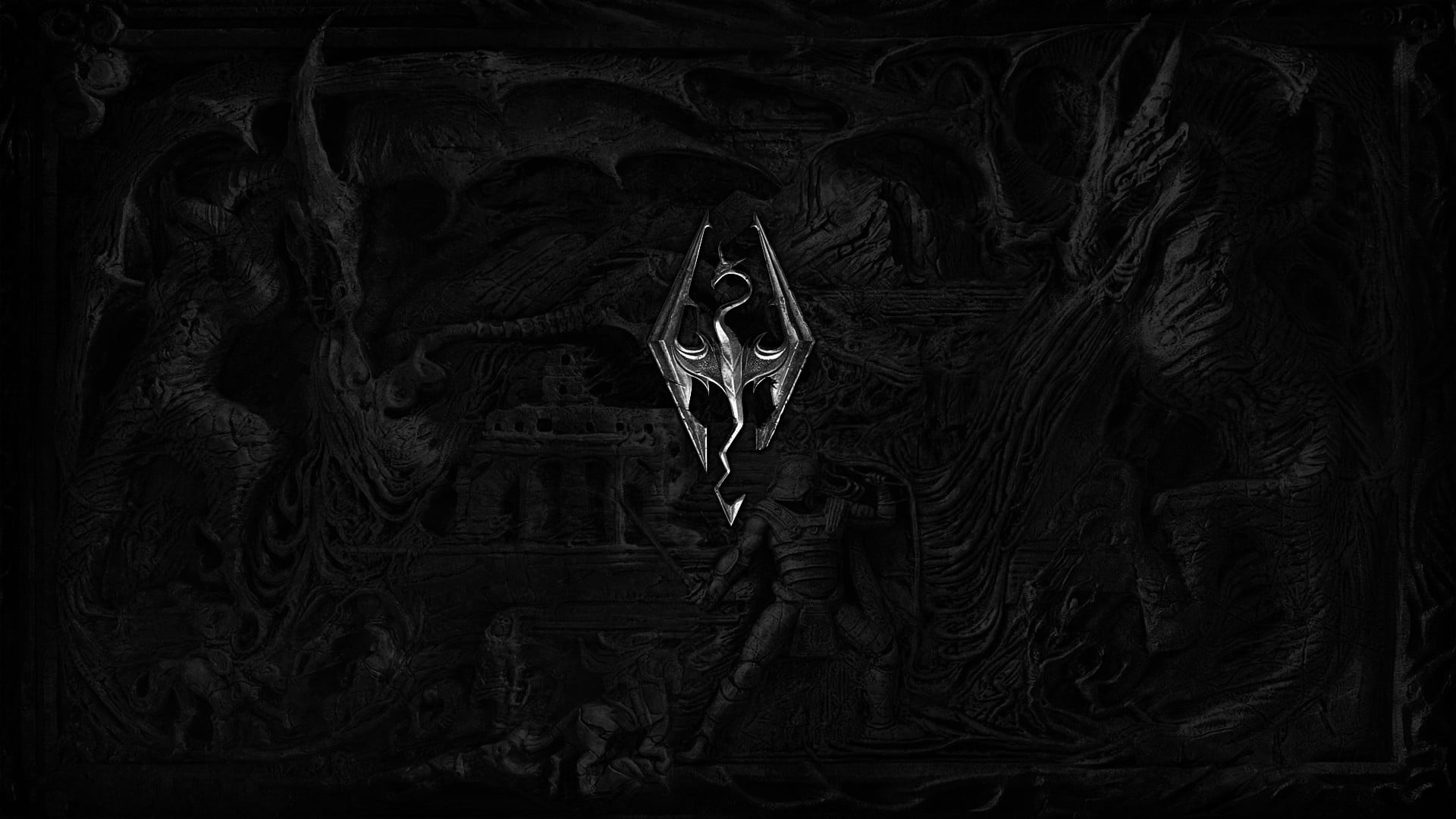 Skyrim Logo, dark, closeup, indoors, no people