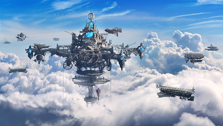 Steampunk Moving City, armed forces, day, nature, air vehicle Free HD Wallpaper