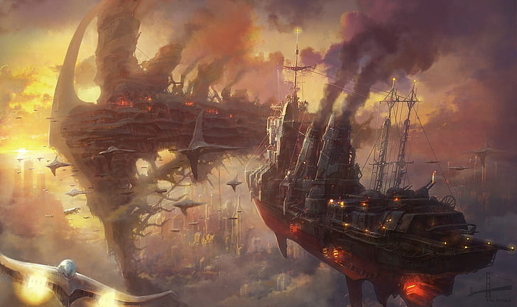 Steampunk Ship Art, dusk, outdoors, smoke  physical structure, water Free HD Wallpaper