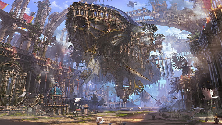 Steampunk Sky City, ship, ruin, steampunk, steampunk airship Free HD Wallpaper