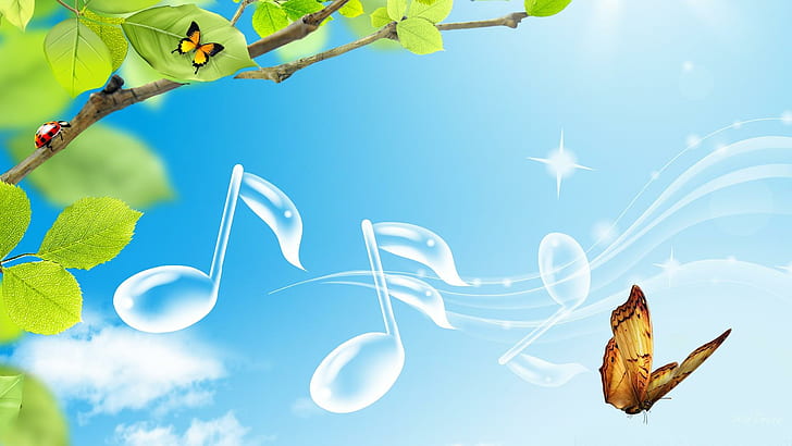 summer, butterflies, ladybug, music notes Free HD Wallpaper