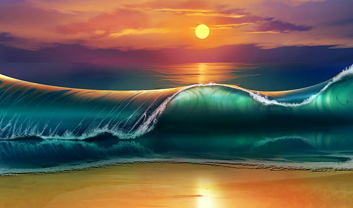 Sunset Water Ocean Wave, flowing, light  natural phenomenon, tranquil scene, land Free HD Wallpaper