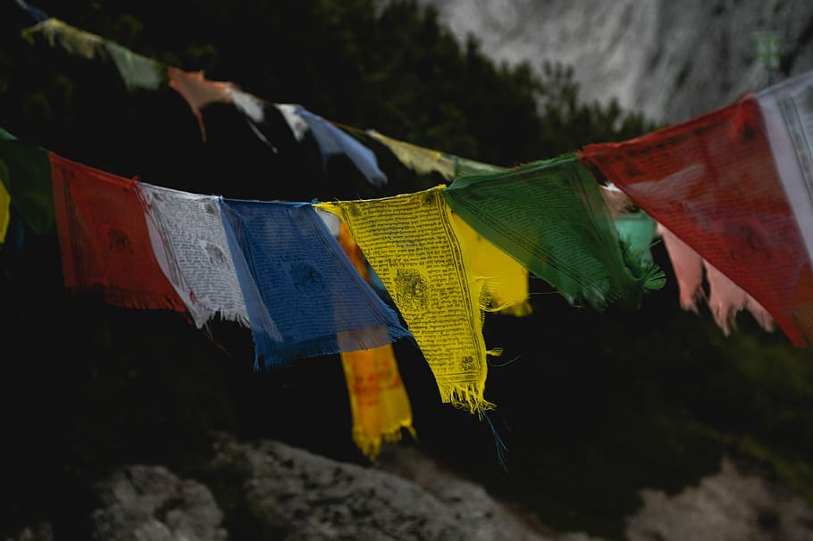 Tibetan Prayer Flags, flag, low angle view, religion, yellow Free HD Wallpaper