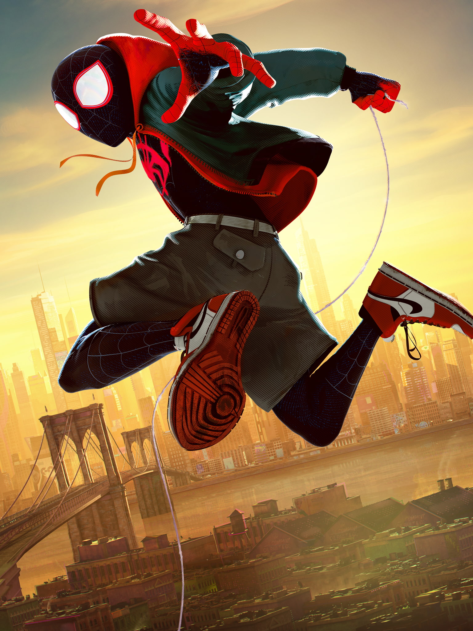 Ultimate Spider-Man Miles, portrait display, spiderman, spiderman into the spiderverse, brooklyn bridge