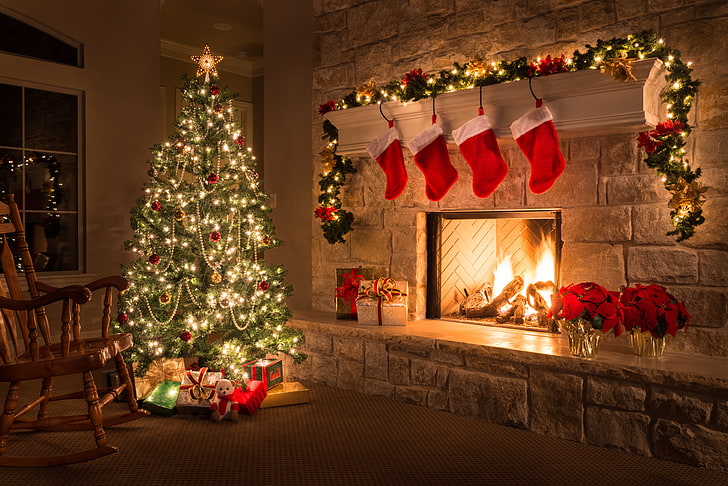 1366 X 768 Christmas Tree, indoors, lifestyles, fire  natural phenomenon, home interior