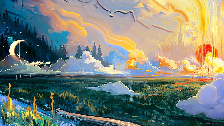 2560X1440 Anime Landscape, nature, modern art, multi colored, landscape painting Free HD Wallpaper