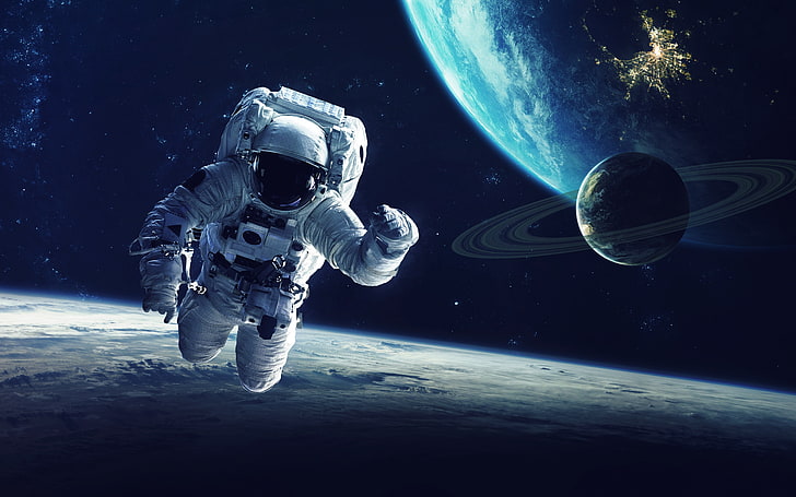 Abstract Space Art Astronaut, blue, full length, digital composite, planet earth Free HD Wallpaper