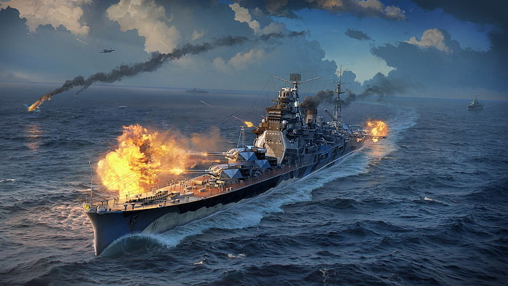 Battleship, mode of transport, power, blue, weapon Free HD Wallpaper