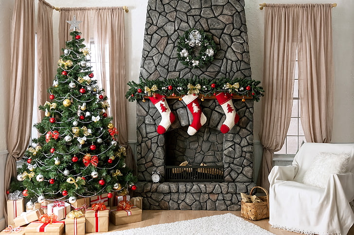 Beautiful Christmas Fireplace, holiday, ornate, christmas, home Free HD Wallpaper