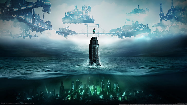 BioShock City, lighthouse, built structure, waterfront, sea Free HD Wallpaper