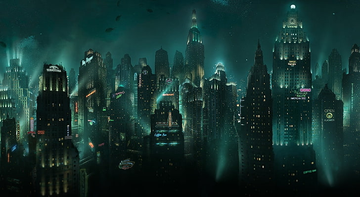 BioShock Screenshots, games, city, rain, illuminated Free HD Wallpaper