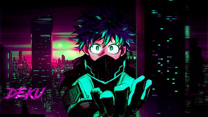 boku no hero academia, neon green, retro style, deku Free HD Wallpaper