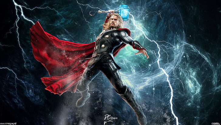 Chris Hemsworth Thor Avengers, mjolnir, lightning, motion, adult