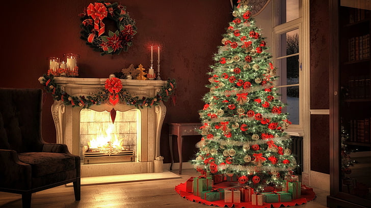 Christmas Fireplace Free, celebration, indoors, christmas ornament, christmas tree Free HD Wallpaper