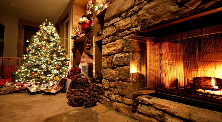 Christmas Fireplace, no people, indoors, winter, heat  temperature