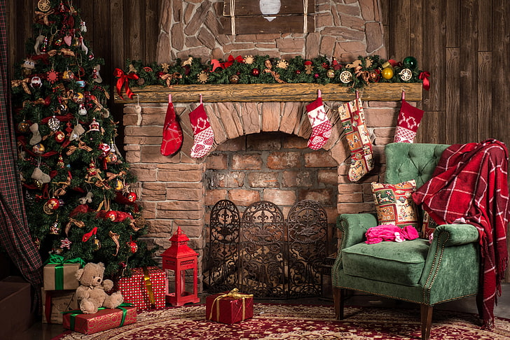 Christmas Snow Fireplace, home interior, decoration, night, ornate