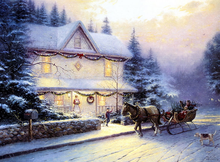 Christmas Thomas Kinkade Gallery, night, animal, tree, rural scene Free HD Wallpaper