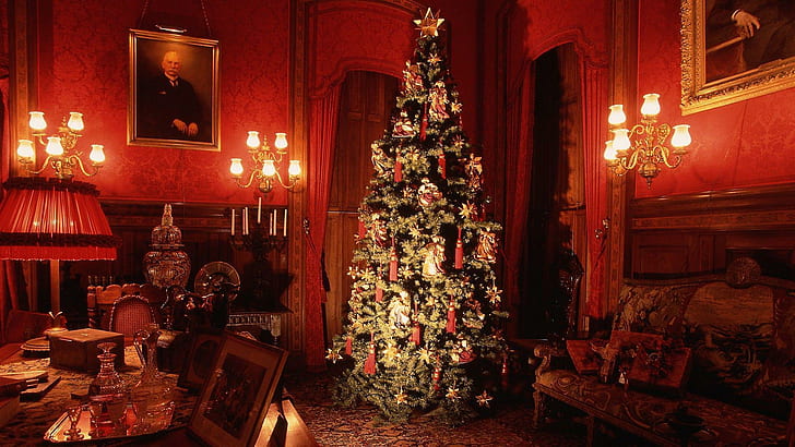 Christmas Wreath above Fireplace, merry christmas, holidays, design, christmas Free HD Wallpaper