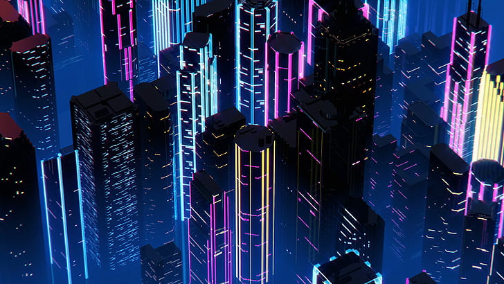 City Lights, sintav, skyscrapers with neon lights in night city, retrowave, neon Free HD Wallpaper