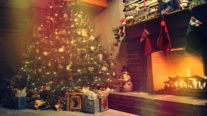 Cozy Fireplace Living Room, christmas, holiday  event, christmas tree, gift Free HD Wallpaper