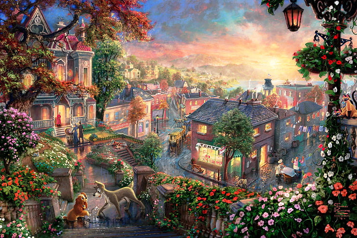 Disney Paintings Lady and the Tramp, painting, lady and the tramp, street, building exterior Free HD Wallpaper