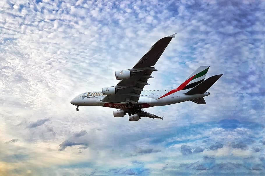 Emirates Boeing 777, mode of transportation, low angle view, city, no people Free HD Wallpaper