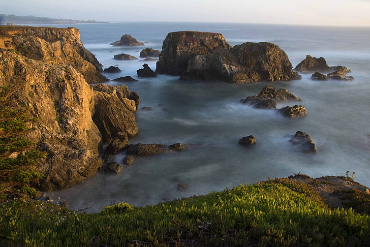 Fort Bragg CA, fake, coastline, neutral density filter, cliff Free HD Wallpaper