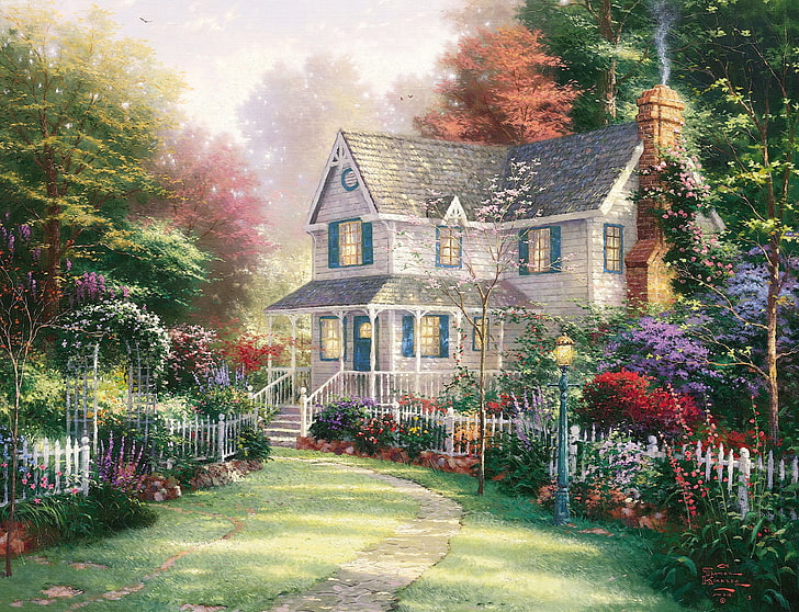 Garden Paintings, landscaped, grass, architecture, springtime Free HD Wallpaper