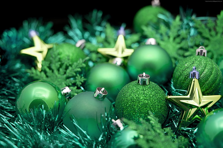 Green and Gold Christmas Ornaments, balls, christmas, star, new year